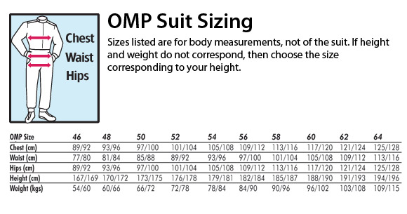OMP カート用レーシングスーツ サイズ表